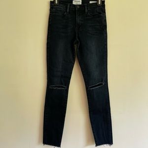 FRAME denim Jeans Le High Skinny dark wash distressed knee raw hem jeans…